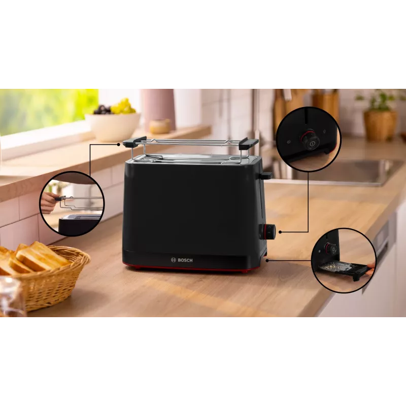 Tostapane Bosch TAT3M123 2 fette, 950 W, nero, manopola rotante, scongelamento e riscaldamento