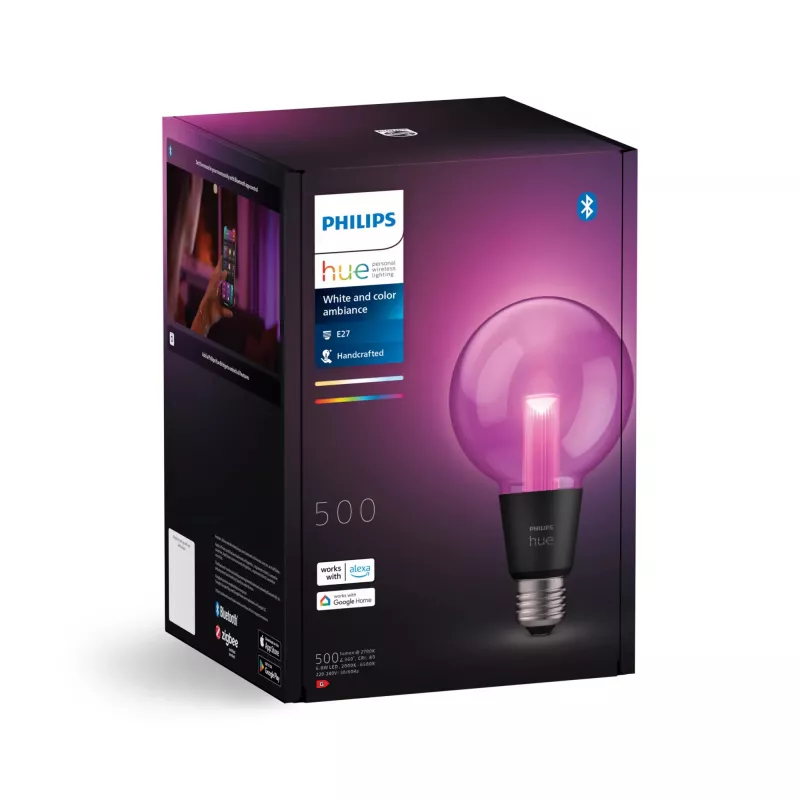 Lampadina smart Philips Hue White and Colour Ambience G95 E27, 6,8 W, Bluetooth/Zigbee, trasparente