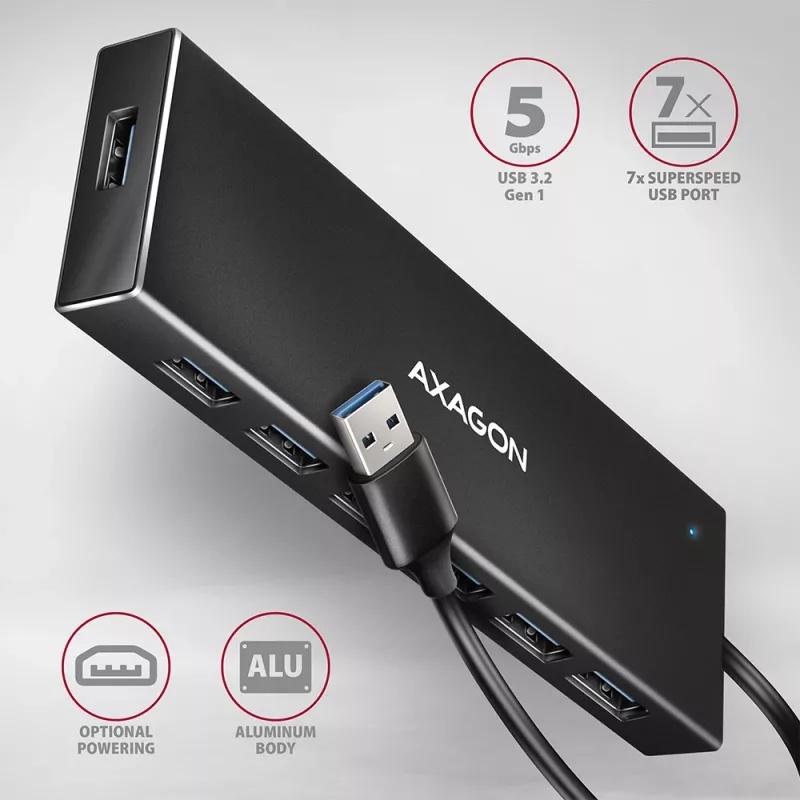 Axagon HUE-F7A hub 7x USB 3.2 Gen 1 ALU FLAT micro power IN cavo 1m USB-A USB 3.2 Gen 1 (3.1 Gen 1) Type-A 5000 Mbit/s nero