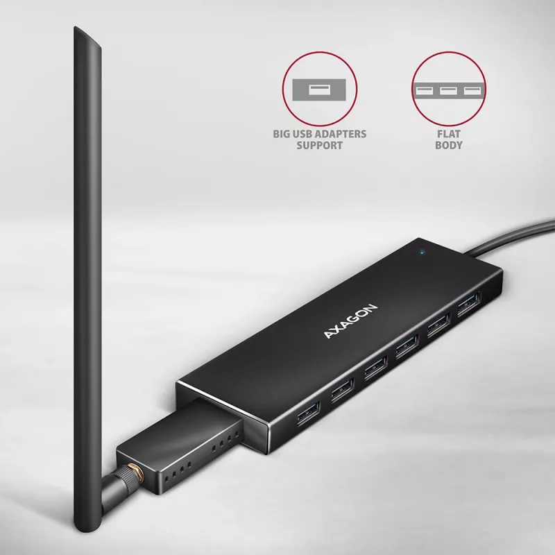 Axagon HUE-F7A hub 7x USB 3.2 Gen 1 ALU FLAT micro power IN cavo 1m USB-A USB 3.2 Gen 1 (3.1 Gen 1) Type-A 5000 Mbit/s nero