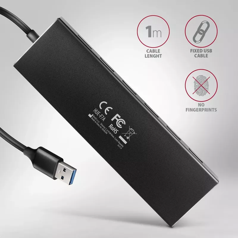 Axagon HUE-F7A hub 7x USB 3.2 Gen 1 ALU FLAT micro power IN cavo 1m USB-A USB 3.2 Gen 1 (3.1 Gen 1) Type-A 5000 Mbit/s nero