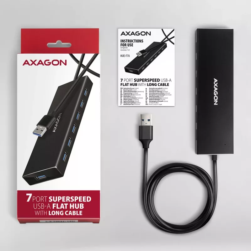 Axagon HUE-F7A hub 7x USB 3.2 Gen 1 ALU FLAT micro power IN cavo 1m USB-A USB 3.2 Gen 1 (3.1 Gen 1) Type-A 5000 Mbit/s nero
