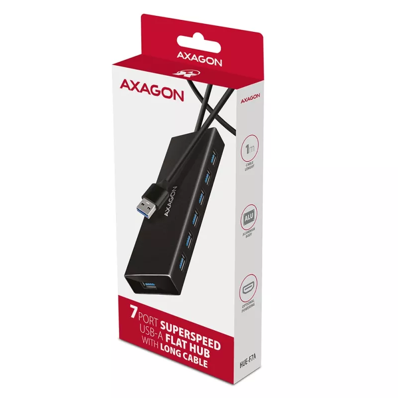 Axagon HUE-F7A hub 7x USB 3.2 Gen 1 ALU FLAT micro power IN cavo 1m USB-A USB 3.2 Gen 1 (3.1 Gen 1) Type-A 5000 Mbit/s nero