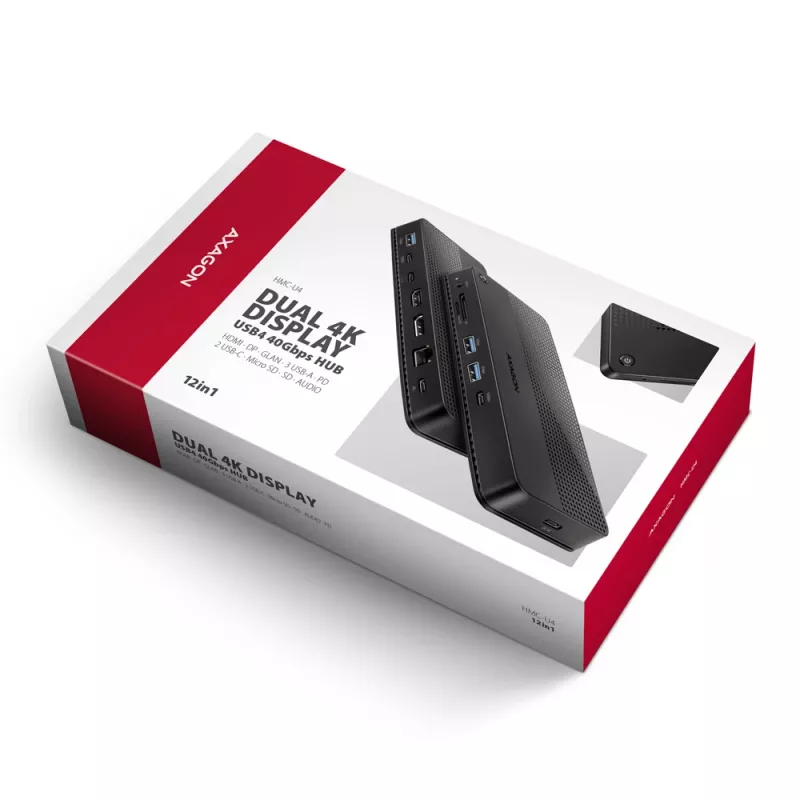 Dock USB4 Axagon HMC-U4, 3x USB-A, 2x USB-C, HDMI e DP 8K/30Hz, RJ-45, SD/mSD, audio, PD 100W