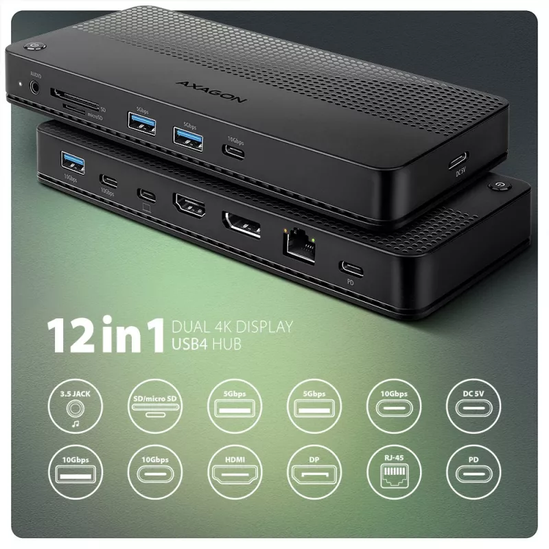 Dock USB4 Axagon HMC-U4, 3x USB-A, 2x USB-C, HDMI e DP 8K/30Hz, RJ-45, SD/mSD, audio, PD 100W