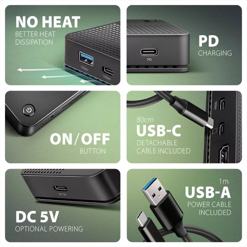 Dock USB4 Axagon HMC-U4, 3x USB-A, 2x USB-C, HDMI e DP 8K/30Hz, RJ-45, SD/mSD, audio, PD 100W
