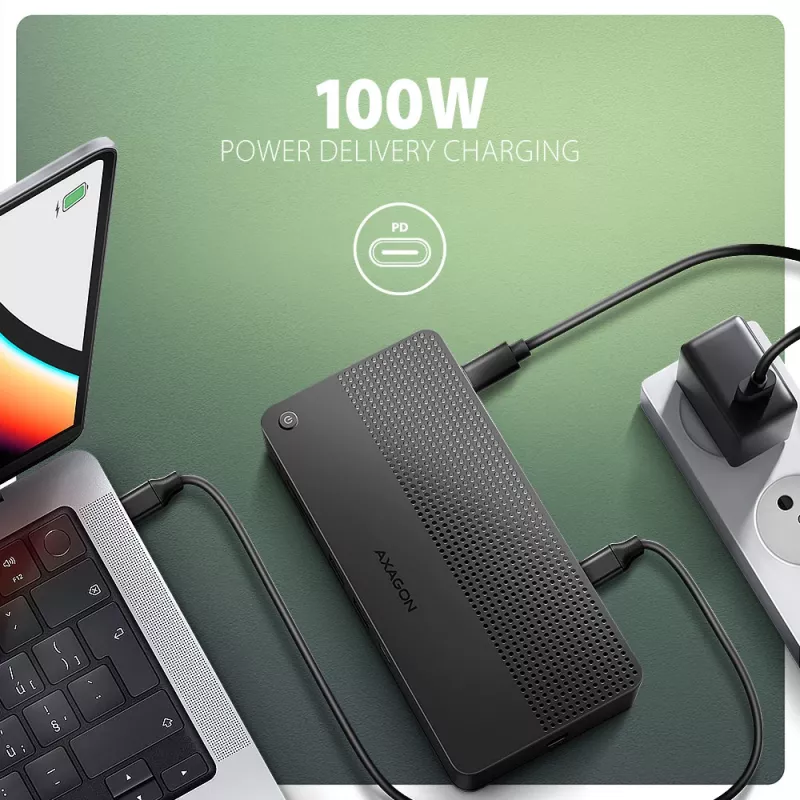 Dock USB4 Axagon HMC-U4, 3x USB-A, 2x USB-C, HDMI e DP 8K/30Hz, RJ-45, SD/mSD, audio, PD 100W