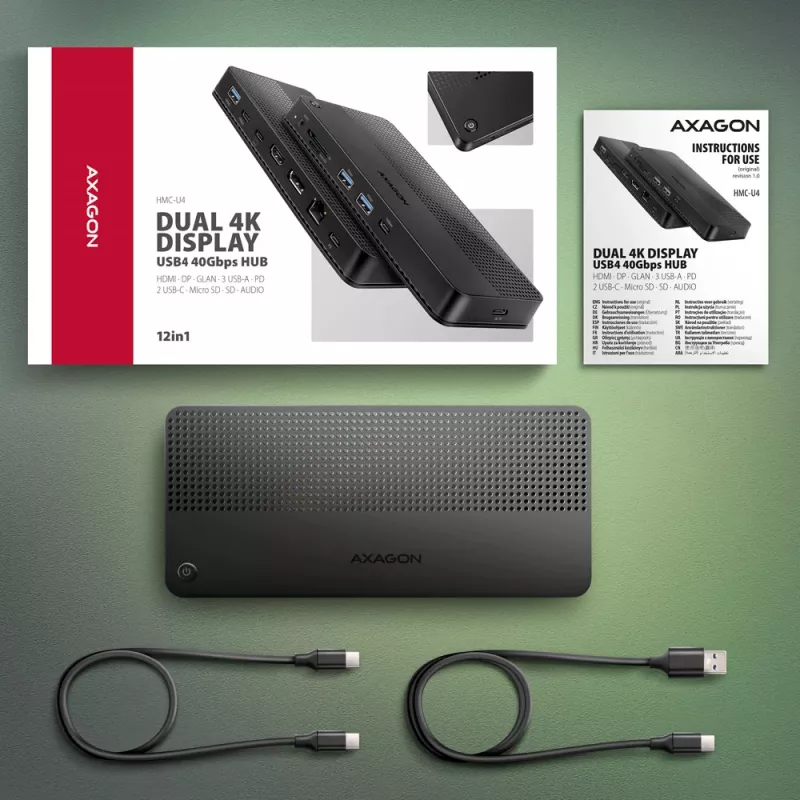 Dock USB4 Axagon HMC-U4, 3x USB-A, 2x USB-C, HDMI e DP 8K/30Hz, RJ-45, SD/mSD, audio, PD 100W