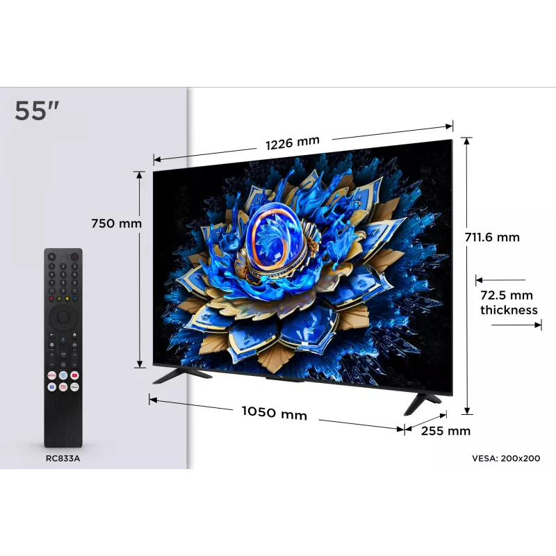 TCL 55T69C TV QLED 55 inch 4K Ultra HD, Direct-LED, Google TV, HDR10+, 60Hz, Dolby Atmos, Wi‑Fi/Bluetooth