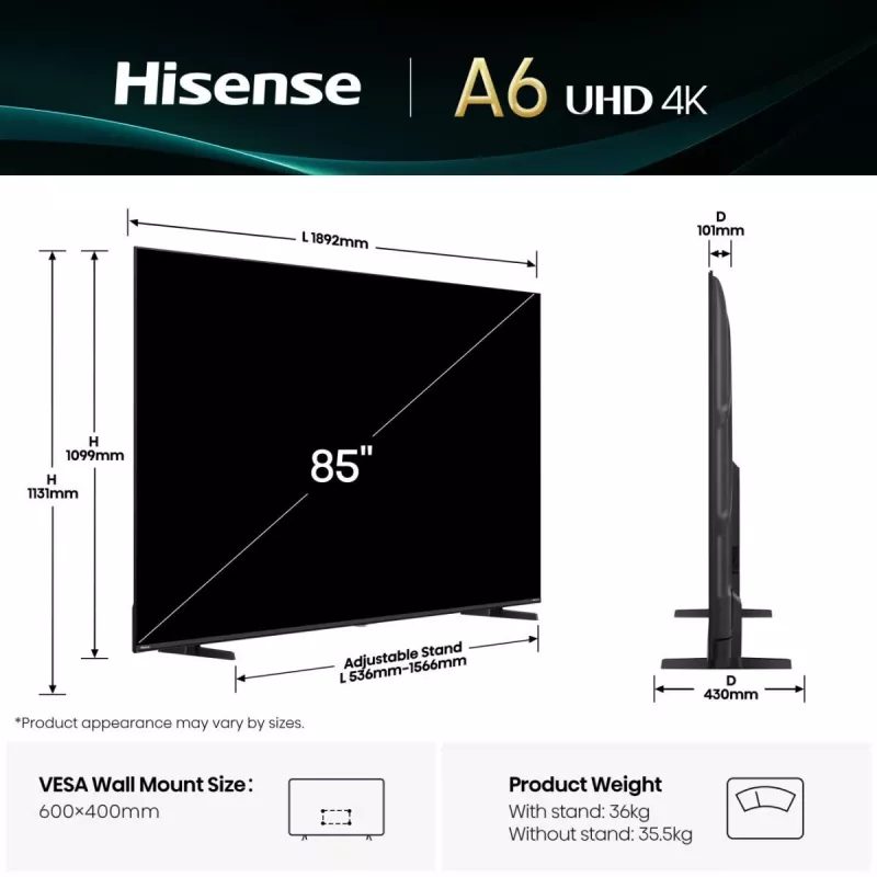 Hisense 85A6Q 85" (216 cm) 4K Ultra HD Smart TV, VIDAA, Dolby Vision, Wi-Fi, nero