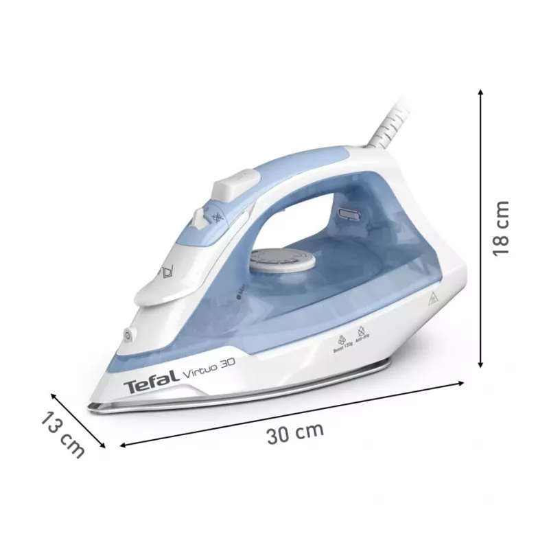 Tefal Virtuo 30 FV2C41E0 ferro da stiro a secco e a vapore suola in ceramica 2000 W blu, bianco