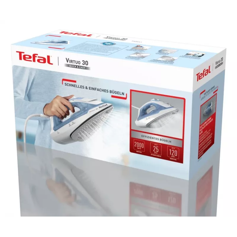 Tefal Virtuo 30 FV2C41E0 ferro da stiro a secco e a vapore suola in ceramica 2000 W blu, bianco