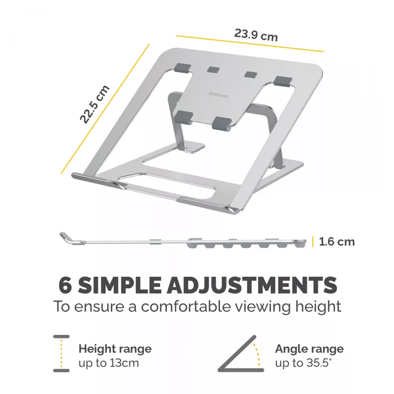 Fellowes Alumia supporto per laptop rialzato portatile max. dimensione 15 pollici max. peso 5 kg argento