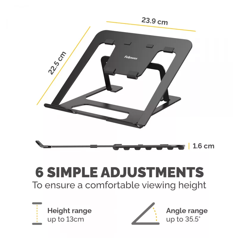 Fellowes Alumia supporto per laptop rialzato portatile max. dimensione 15 pollici max. peso 5 kg nero