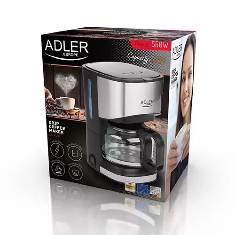 Caffettiera a filtro Adler AD 4407, 550 W, caraffa 0,7 L, argento/nero, semiautomatica
