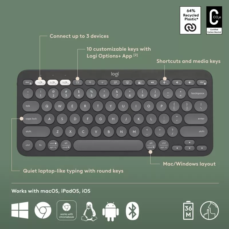 Tastiera Logitech Pebble Keys 2 K380s universale RF wireless + Bluetooth QWERTY US International grafite