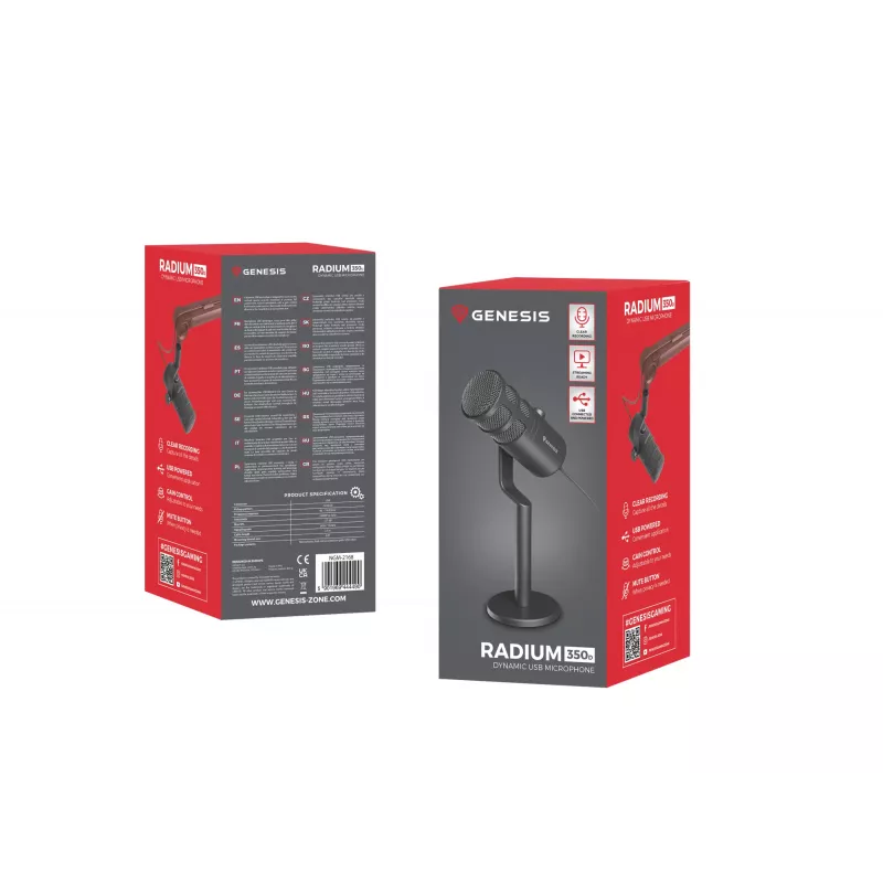 Microfono per PC con filo GENESIS Radium 350D – USB Type-A/Type-C, sensibilità -48 dB, 16–14.000 Hz, cavo 2,5 m, nero
