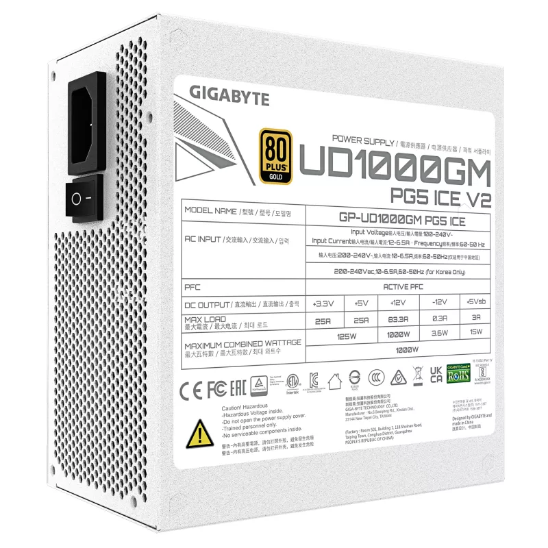 Alimentatore GIGABYTE UD1000GM PG5 V2 1000W ATX 3.1 completamente modulare 80 PLUS Gold bianco