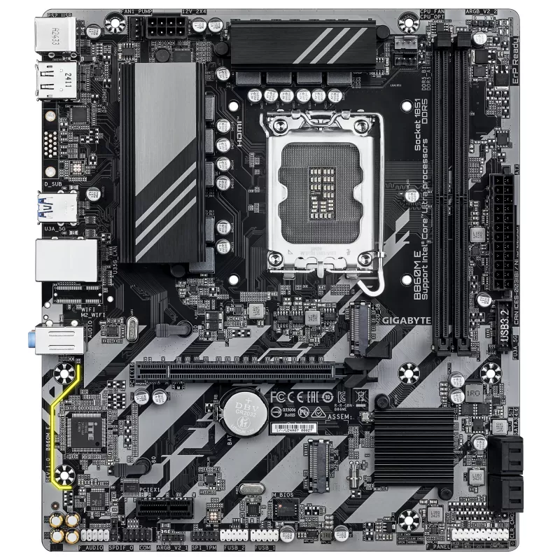 Scheda madre Micro-ATX GIGABYTE B860M E — LGA 1851 per Intel Core Ultra, DDR5 fino a 8800 MHz (O.C.), 2×PCIe 4.0 M.2, 1GbE