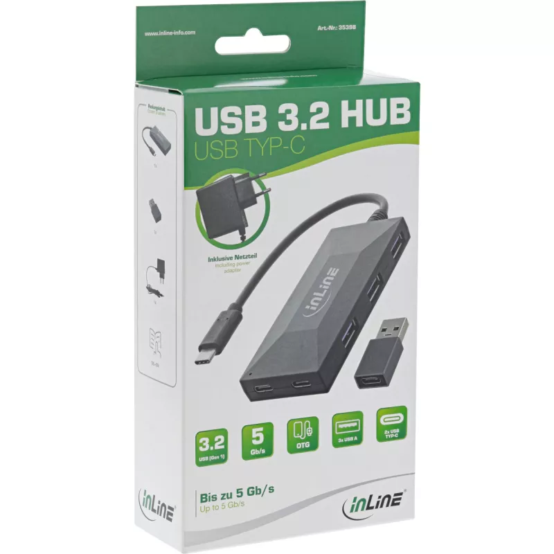 Hub InLine USB 3.2 Gen.1, USB-C su 2 porte USB-C e 3 porte USB-A, con alimentatore