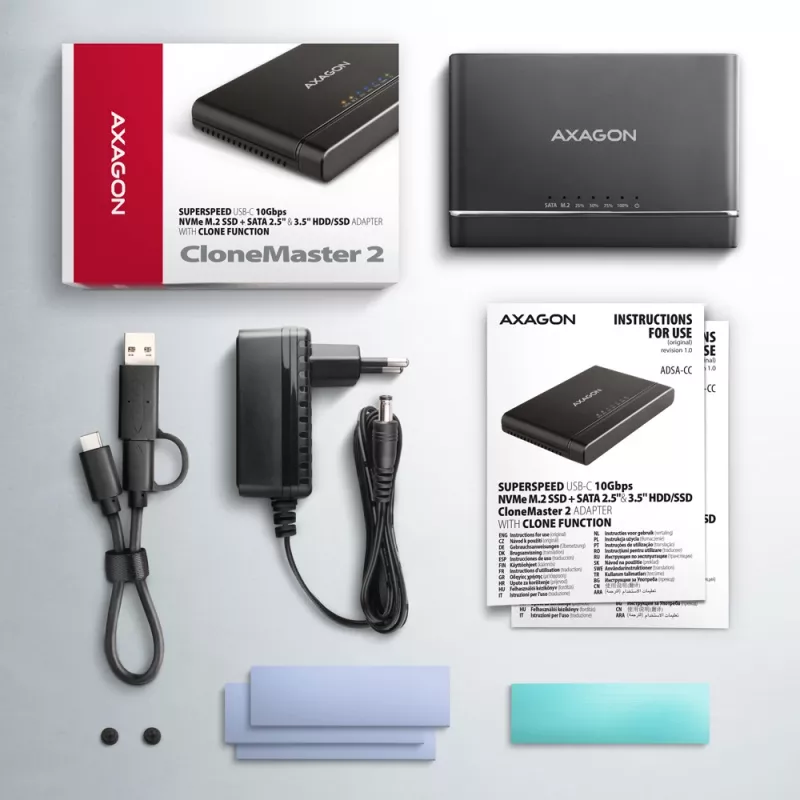 Clone Master USB-C Axagon ADSA-CC NVMe M.2 SSD e SATA HDD
