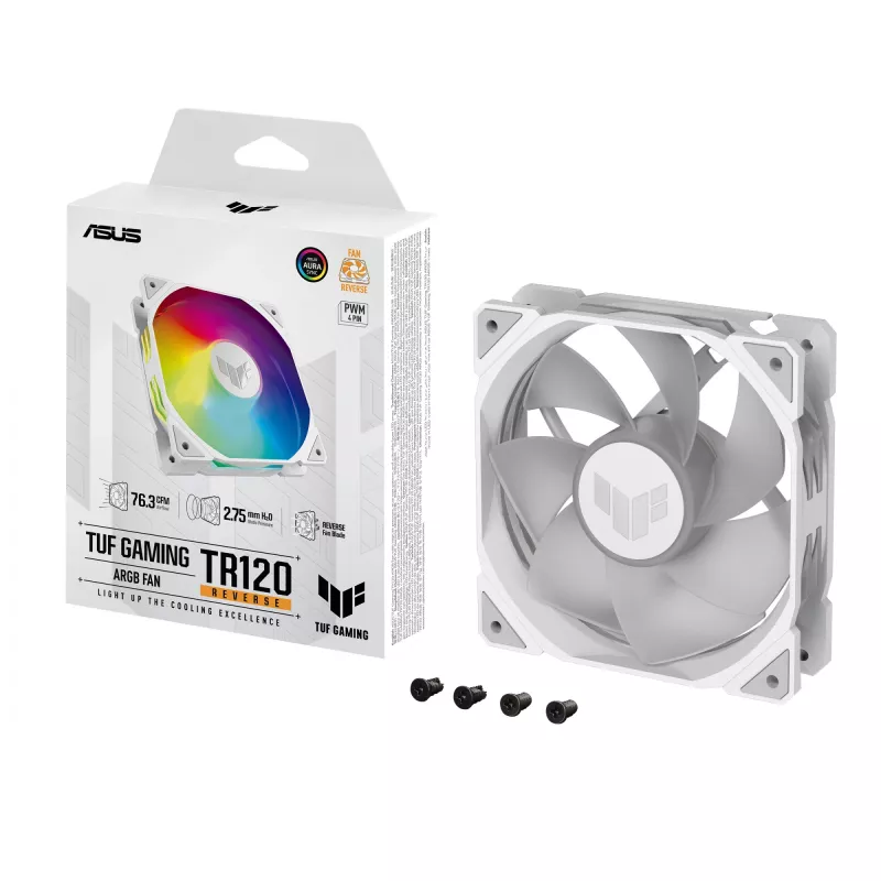 ASUS TUF GAMING TR120 ARGB REVERSE 120 mm 2000 RPM bianco, cuscinetto idraulico, 76.3 CFM