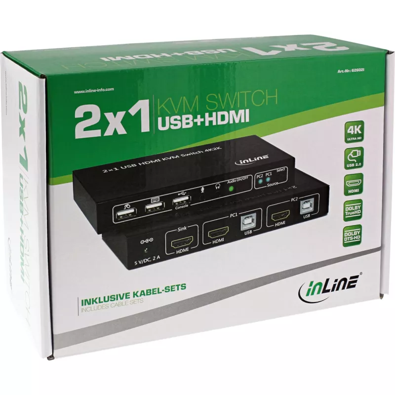 Switch KVM InLine 2x1 HDMI, 2x1, HDMI 4K2K, hub USB 2.0, con audio