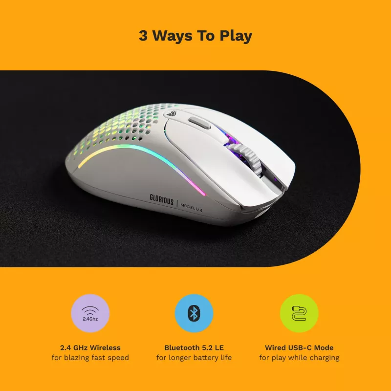 Mouse Glorious Gaming Glorious Model D 2 Wireless - bianco opaco, per destrorsi, RF Wireless, 19000 DPI, bianco