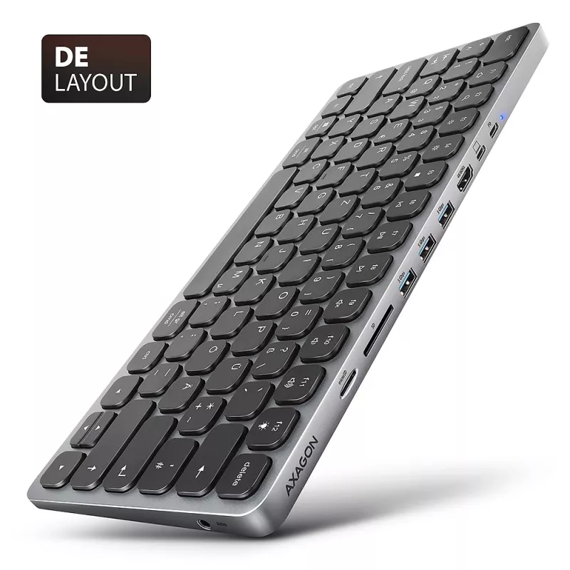 Axagon HMC-KB-GE, hub USB 5Gbps con tastiera, HDMI 4K/60Hz, 3x USB-A, SD/mSD, audio, PD 100, layout tedesco