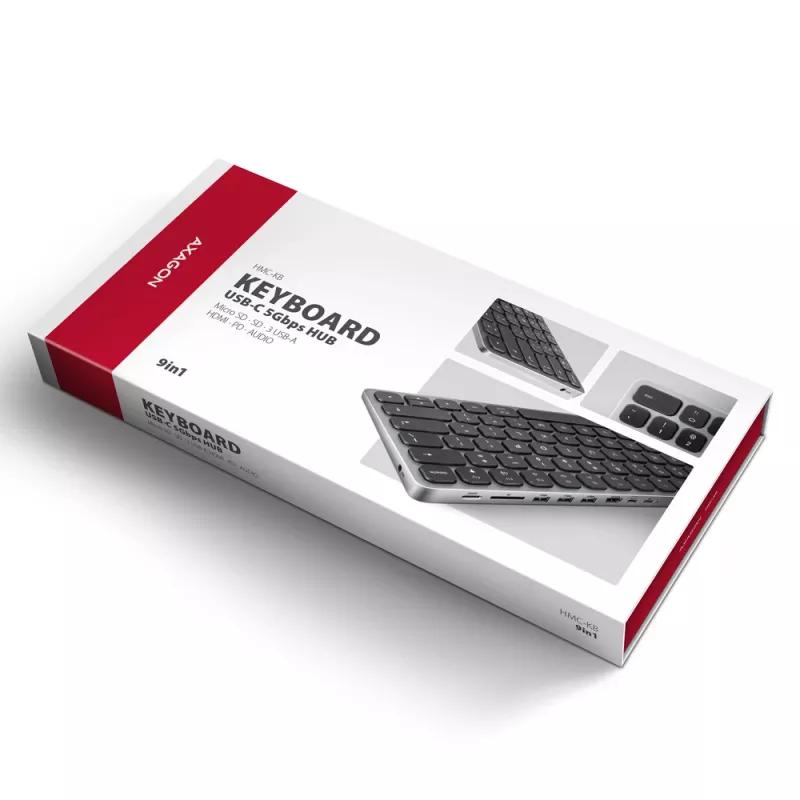 Axagon HMC-KB-GE, hub USB 5Gbps con tastiera, HDMI 4K/60Hz, 3x USB-A, SD/mSD, audio, PD 100, layout tedesco