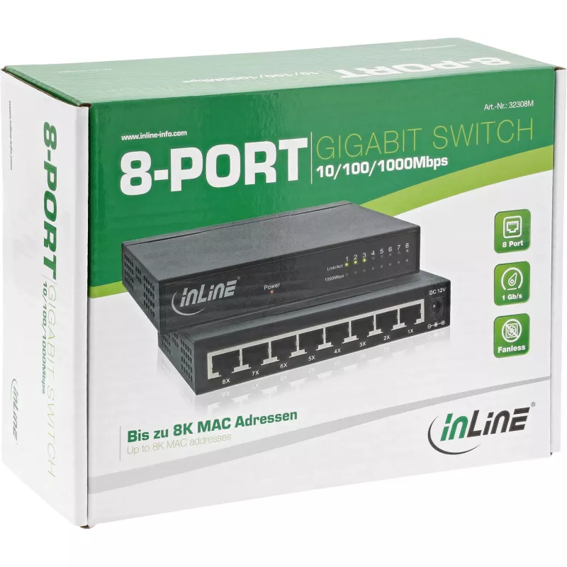 InLine Switch di rete 8 porte, 1 Gbit/s, desktop, metallo, senza ventola, porte schermate