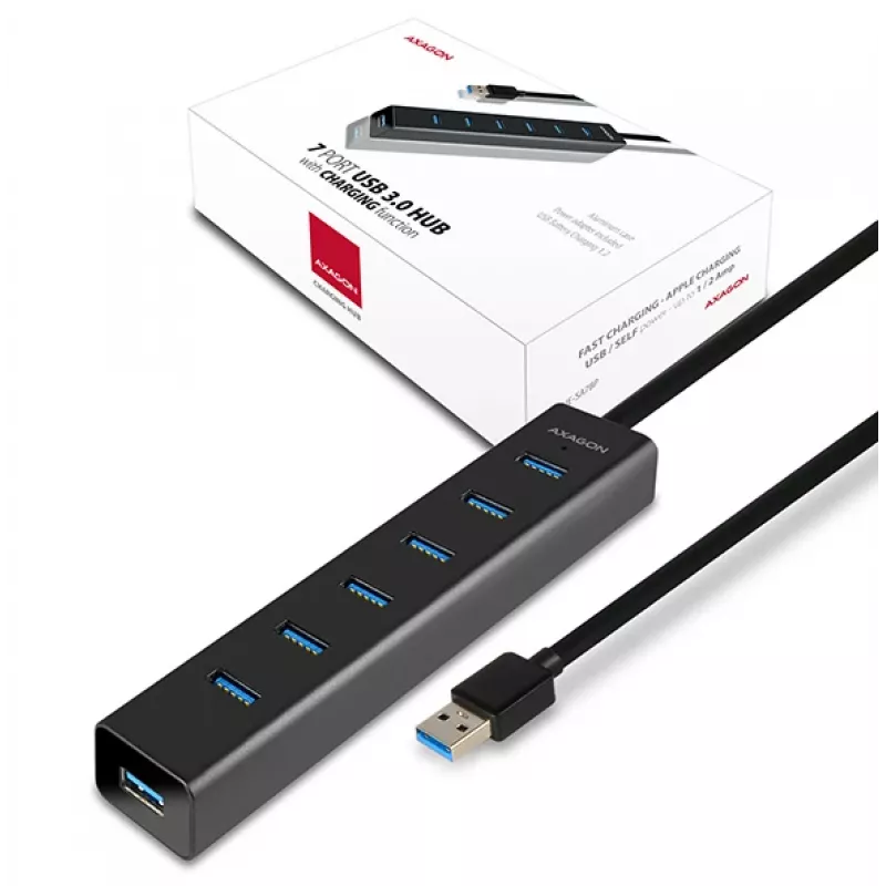 Axagon HUE-SA7BP hub di ricarica 7x USB 3.0 in alluminio nero incl. alimentatore