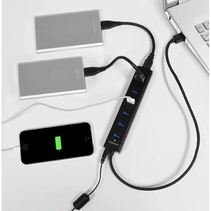 Axagon HUE-SA7BP hub di ricarica 7x USB 3.0 in alluminio nero incl. alimentatore