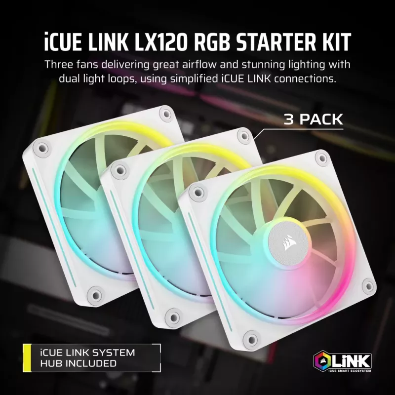 CORSAIR Icue Link Lx120 RGB kit di avvio ventole PWM 120 mm - bianco