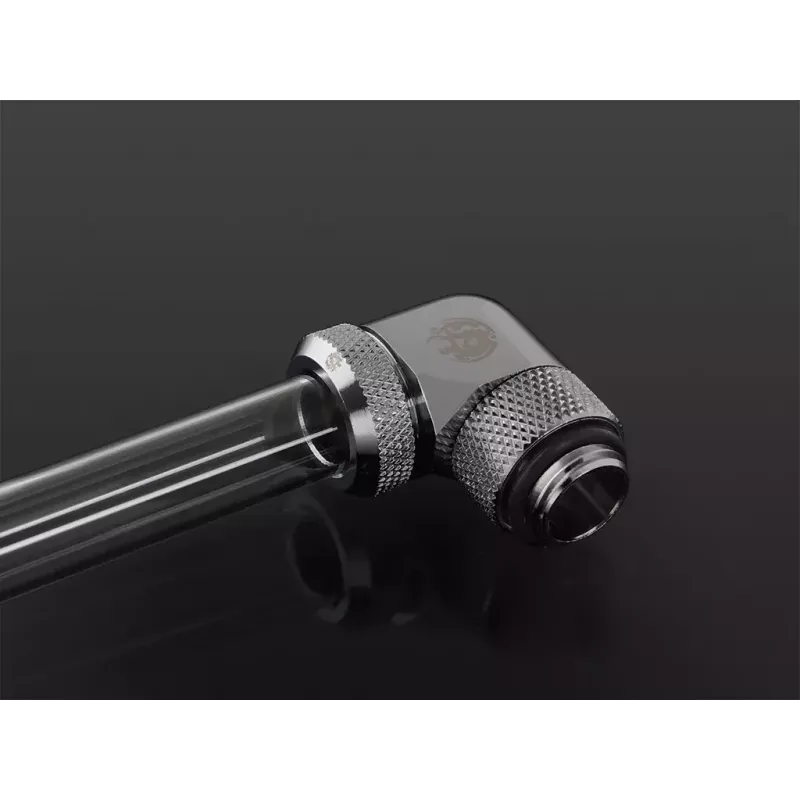Raccordo per raffreddamento a liquido BitsPower BP-E90RML — giunto girevole a 90° in ottone, filettatura 1/4 di pollice, argento