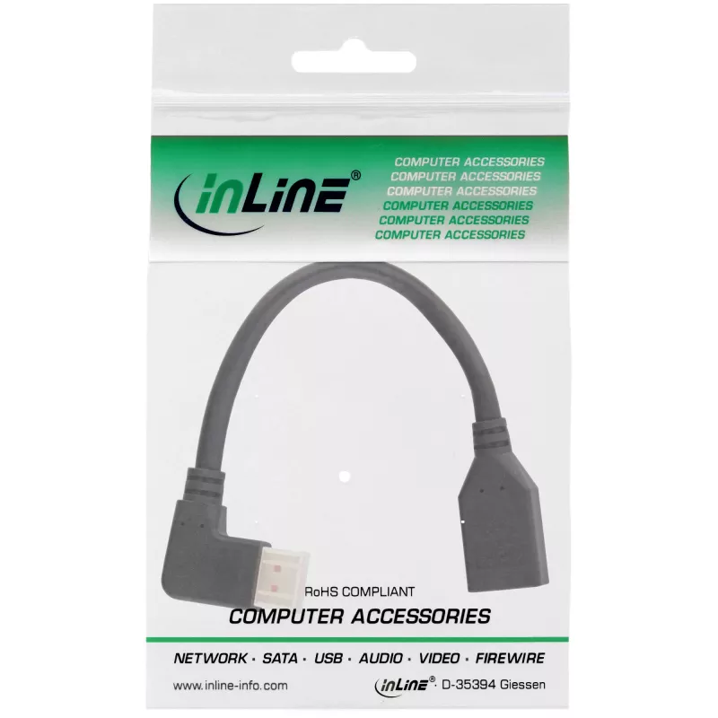 Cavo adattatore DisplayPort 1.4 InLine M/F, 8K4K, angolato a sinistra, nero/oro, 0,15m