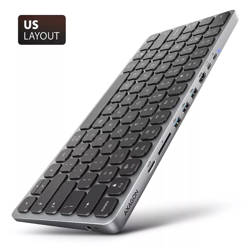 Axagon HMC-KB-US, hub USB 5Gbps con tastiera, HDMI 4K/60Hz, 3x USB-A, SD/mSD, audio, PD 100, layout US