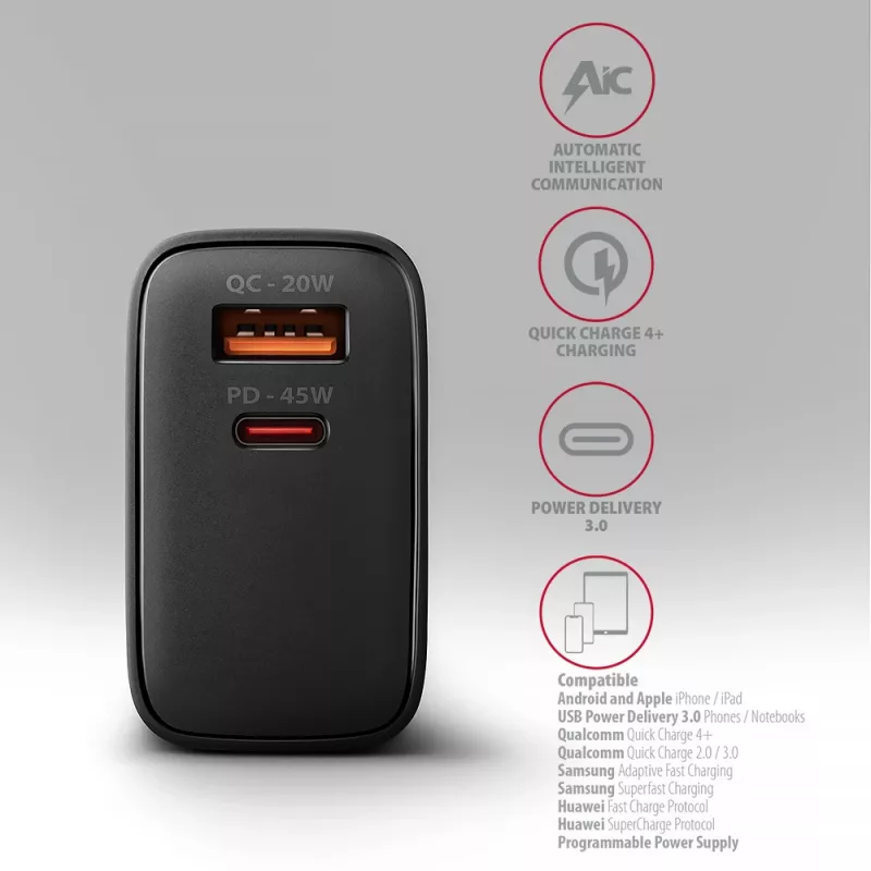 Caricabatterie Axagon ACU-PQ45 QC 3.0 4.0 AFC FCP PPS PD 45W nero
