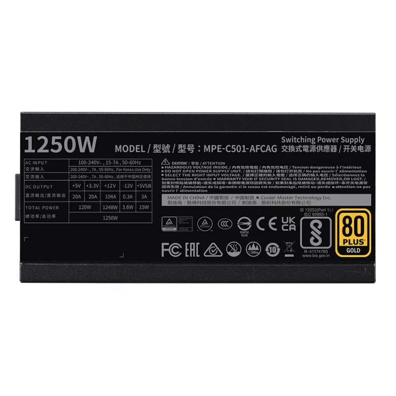 Alimentatore COOLER MASTER Mwe 1250 V2 Gold completamente modulare 1250 W ATX nero