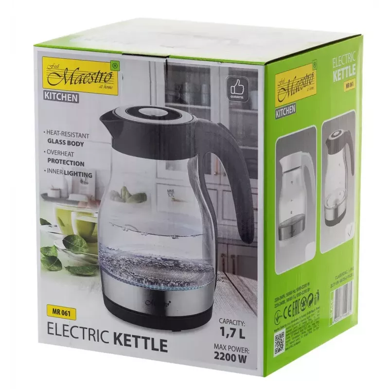Maestro MR-061 bollitore elettrico, in vetro, 2200 W, nero
