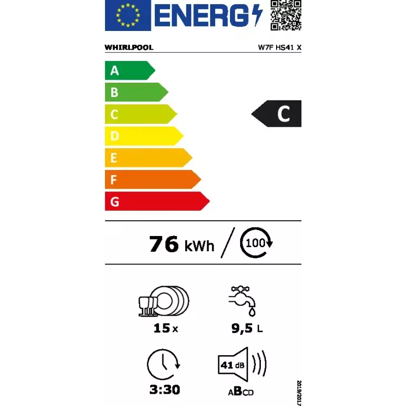 Lavastoviglie a libera installazione WHIRLPOOL W7F HS41 X — 15 coperti, 41 dB, Fullsize 60 cm