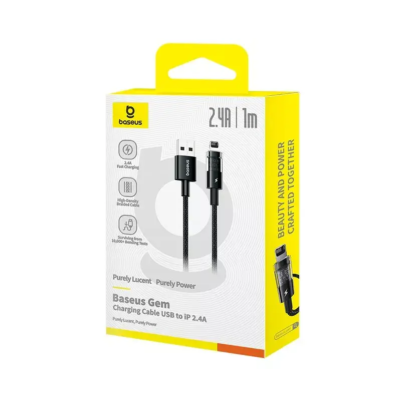 Cavo di ricarica USB Baseus Gem P10373003111-00, 1 m, 2,4 A, rivestimento in nylon, Lightning, USB-A, Nero