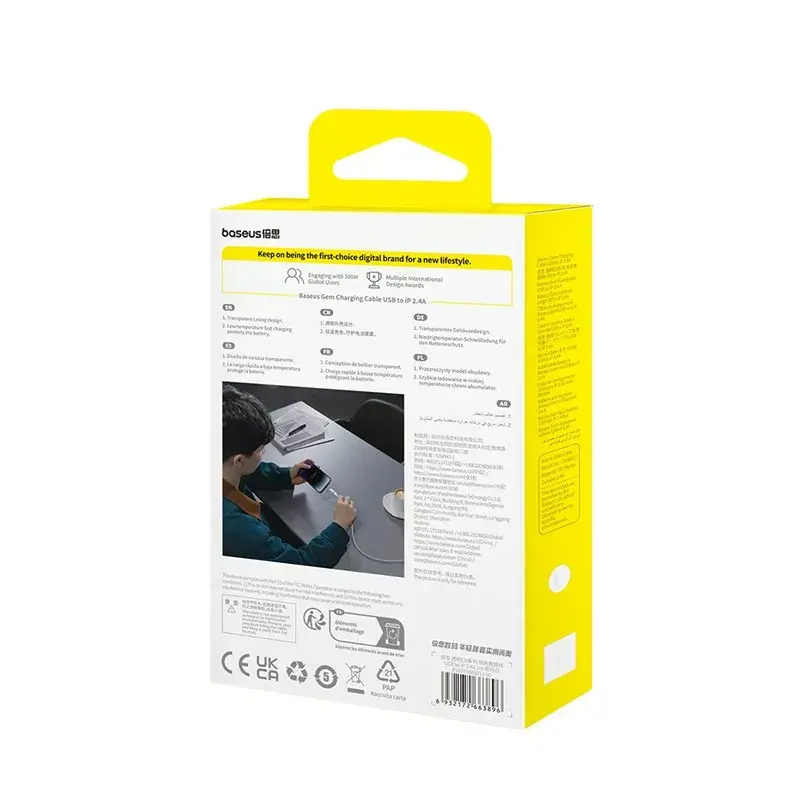 Cavo di ricarica USB Baseus Gem P10373003211-00, 1 m, 2,4 A, Lightning/USB-A, Bianco, rivestimento in nylon