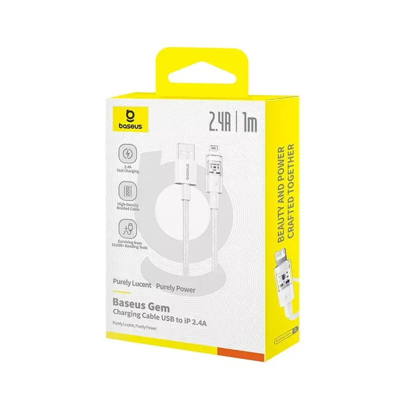 Cavo di ricarica USB Baseus Gem P10373003211-00, 1 m, 2,4 A, Lightning/USB-A, Bianco, rivestimento in nylon