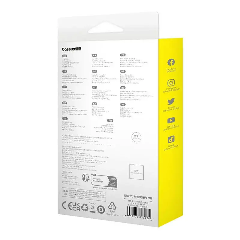 Cavo USB-A a Lightning Baseus 1 m 5 V 2,4 A bianco, USB PD, 480 Mbit/s