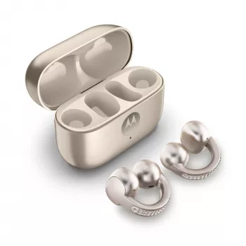 Auricolari Motorola Moto Buds Loop Bluetooth ear-clip-on binaurali, Dolby Atmos, Bluetooth 5.0, ANC, 8 h di riproduzione, custodia di ricarica 520 mAh, beige