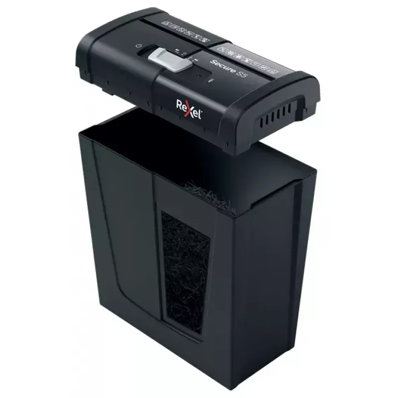 Distruggidocumenti REXEL Secure S5 — taglio a strisce, capacità 5 fogli, taglio 6 mm, contenitore 10 L, sicurezza P-2, nero