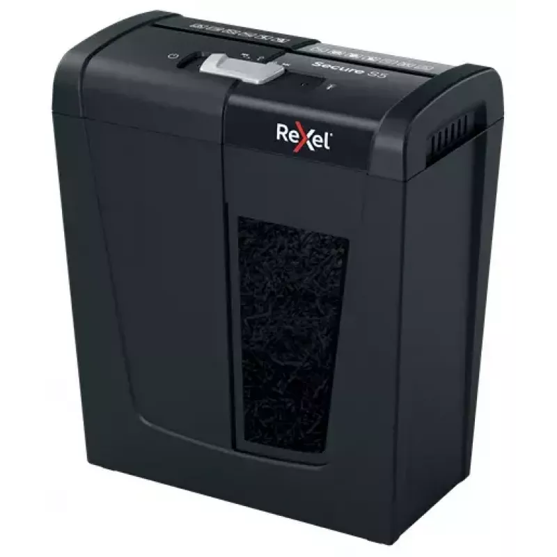 Distruggidocumenti REXEL Secure S5 — taglio a strisce, capacità 5 fogli, taglio 6 mm, contenitore 10 L, sicurezza P-2, nero