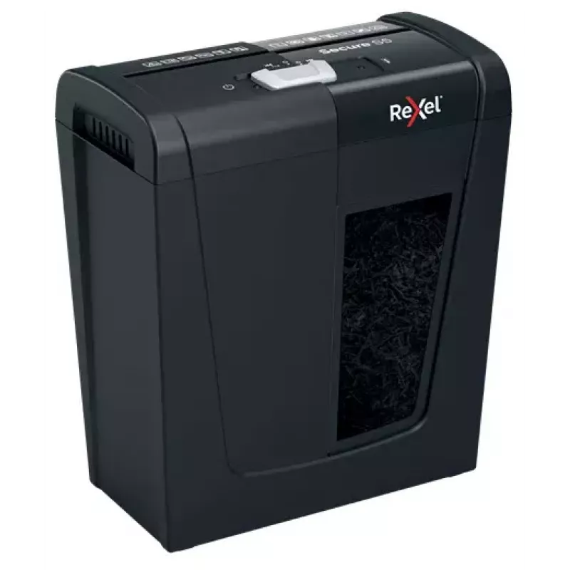 Distruggidocumenti REXEL Secure S5 — taglio a strisce, capacità 5 fogli, taglio 6 mm, contenitore 10 L, sicurezza P-2, nero