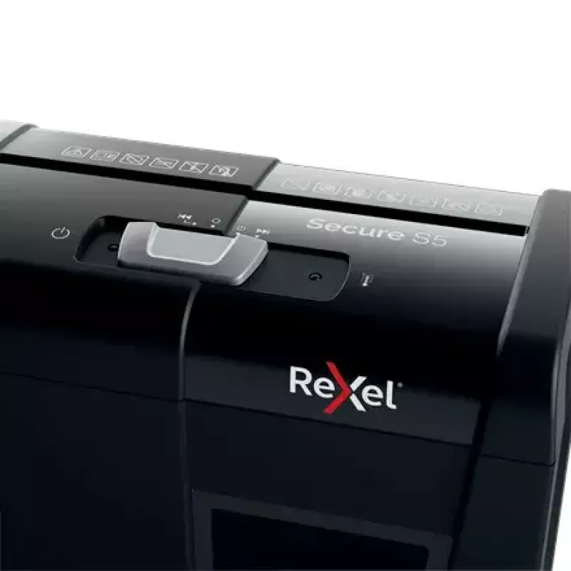 Distruggidocumenti REXEL Secure S5 — taglio a strisce, capacità 5 fogli, taglio 6 mm, contenitore 10 L, sicurezza P-2, nero